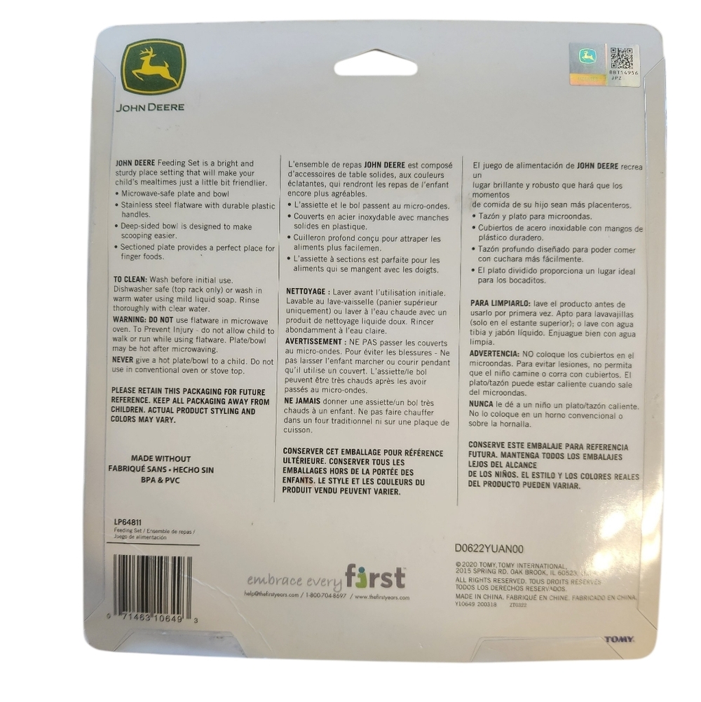 New John Deere Johnny Tractor Feeding Set 4 Pieces - LP64811 Bowl, Plate, Fork - Picture 2 of 2